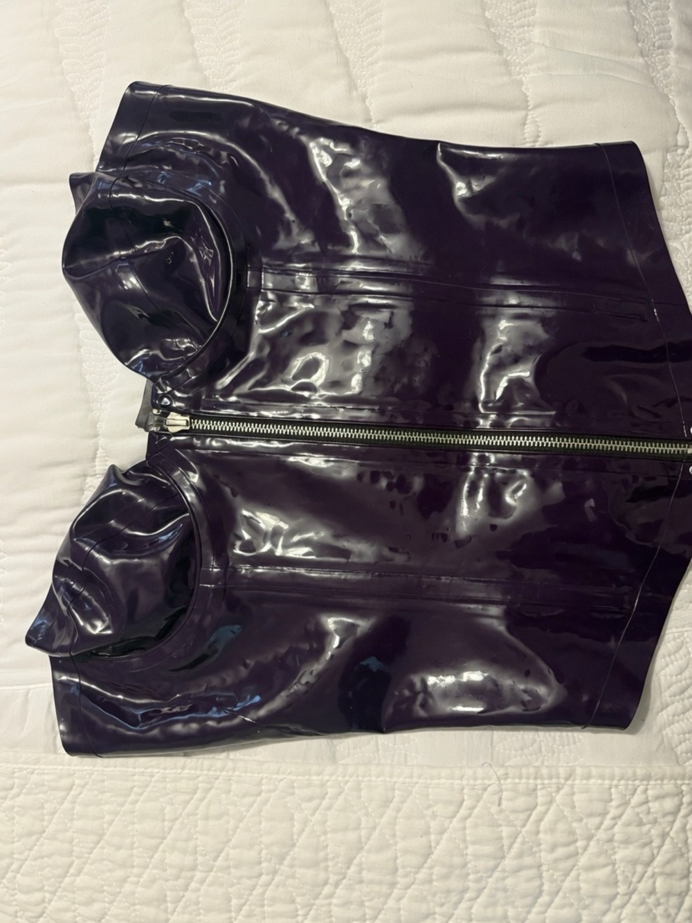 Rubber latex deep purple form fitting corset zip back strapless shiny latex